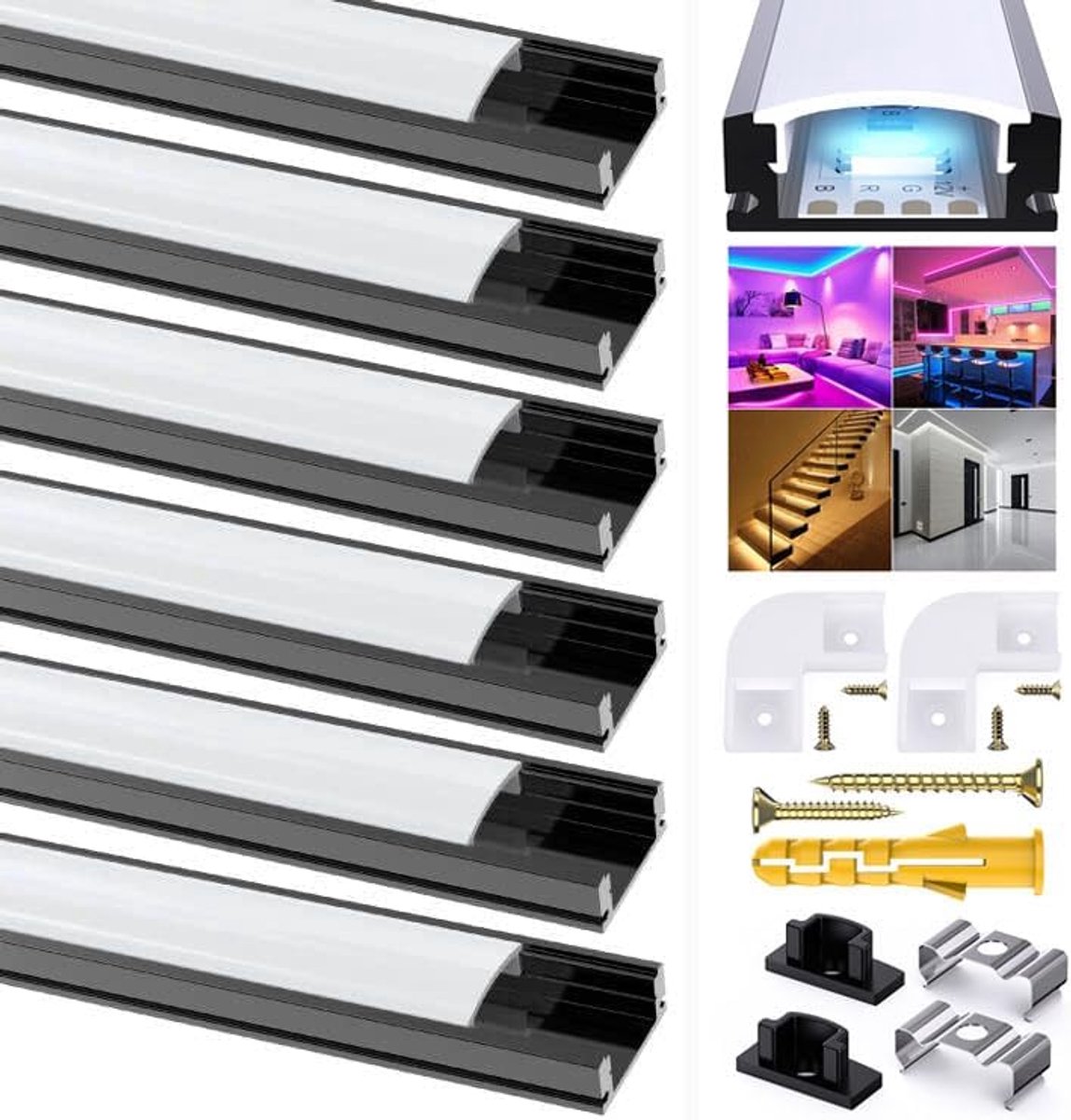 LED Strip Diffuser, Aluminium Kanaal Zwart U-Vorm Profiel Met Melkwit Cover, Eindkappen En Montageclips, 90 Graden Connectors Voor LED Strip Lights