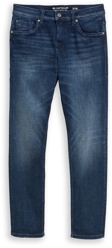 Donkerblauwe denim jeans van Tom Tailor, met logo op de achterkant en knopen.