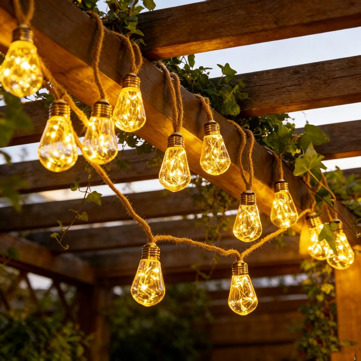 Solar buitenverlichting - 5 mretro henneptouw tuinlichtslinger - waterdichte warme lichtkleur - 8 lichtstanden - met afstandsbediening - USB‑oplaadbaar - 10 onbreekbare lampjes, tuin, schutting, trap en balkon