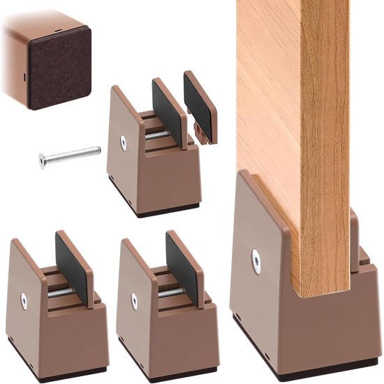 Set van bruine meubelverhogers met schroef, individueel en bevestigd aan een houten poot.