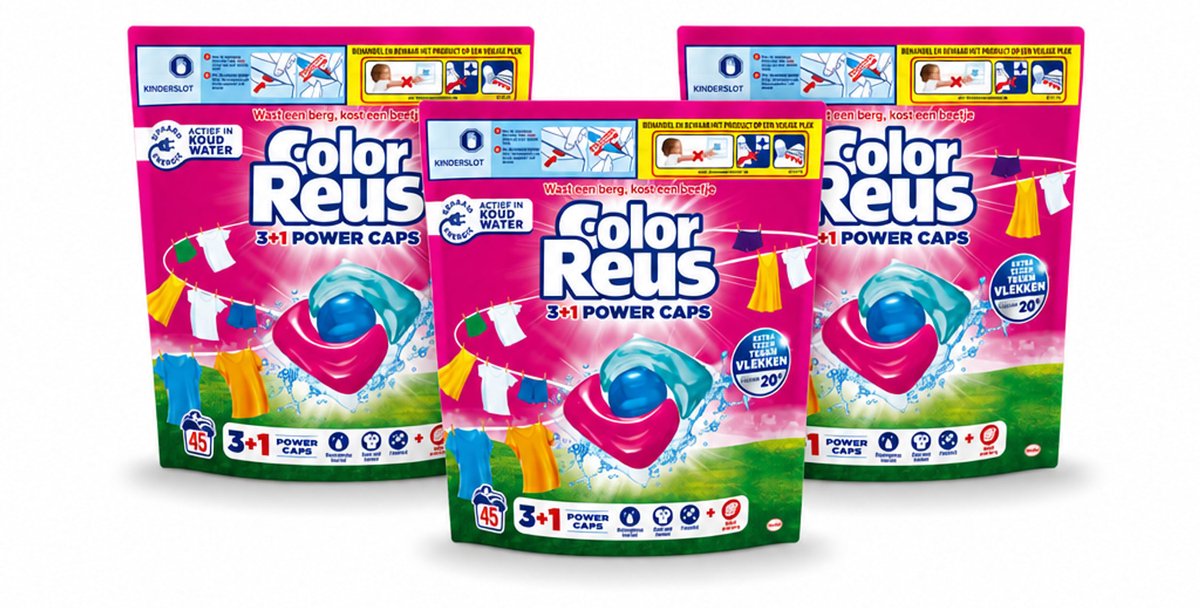 3 x Color Reus - 3+1 Power Caps - Gekleurde Was - 45 Wasbeurten - Voordeelverpakking - 3 stuks