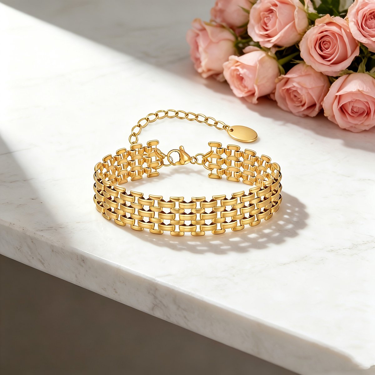 Sjika - Gouden Armband Dames – Brede Schakelarmband Goud – Verstelbare Dames Armband – Statement Sieraad – Cadeau voor Haar