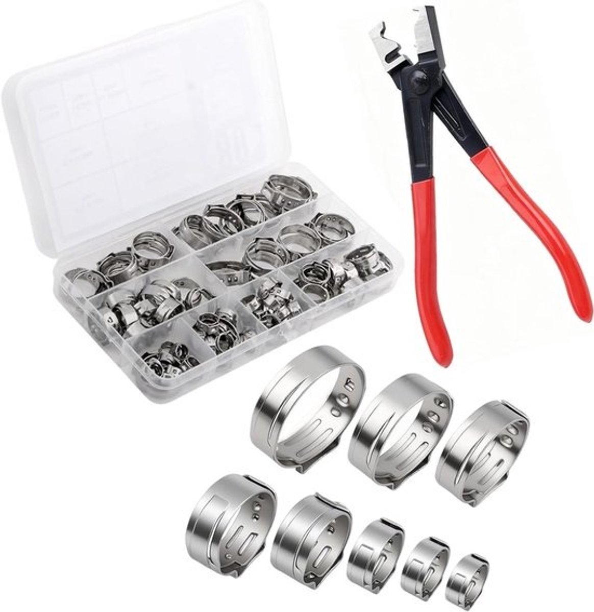 Set van 80 RVS Slangklemmen 6-23 mm, 8 Maten met Tang, Assortiment voor Brandstofleidingen en Waterslangen