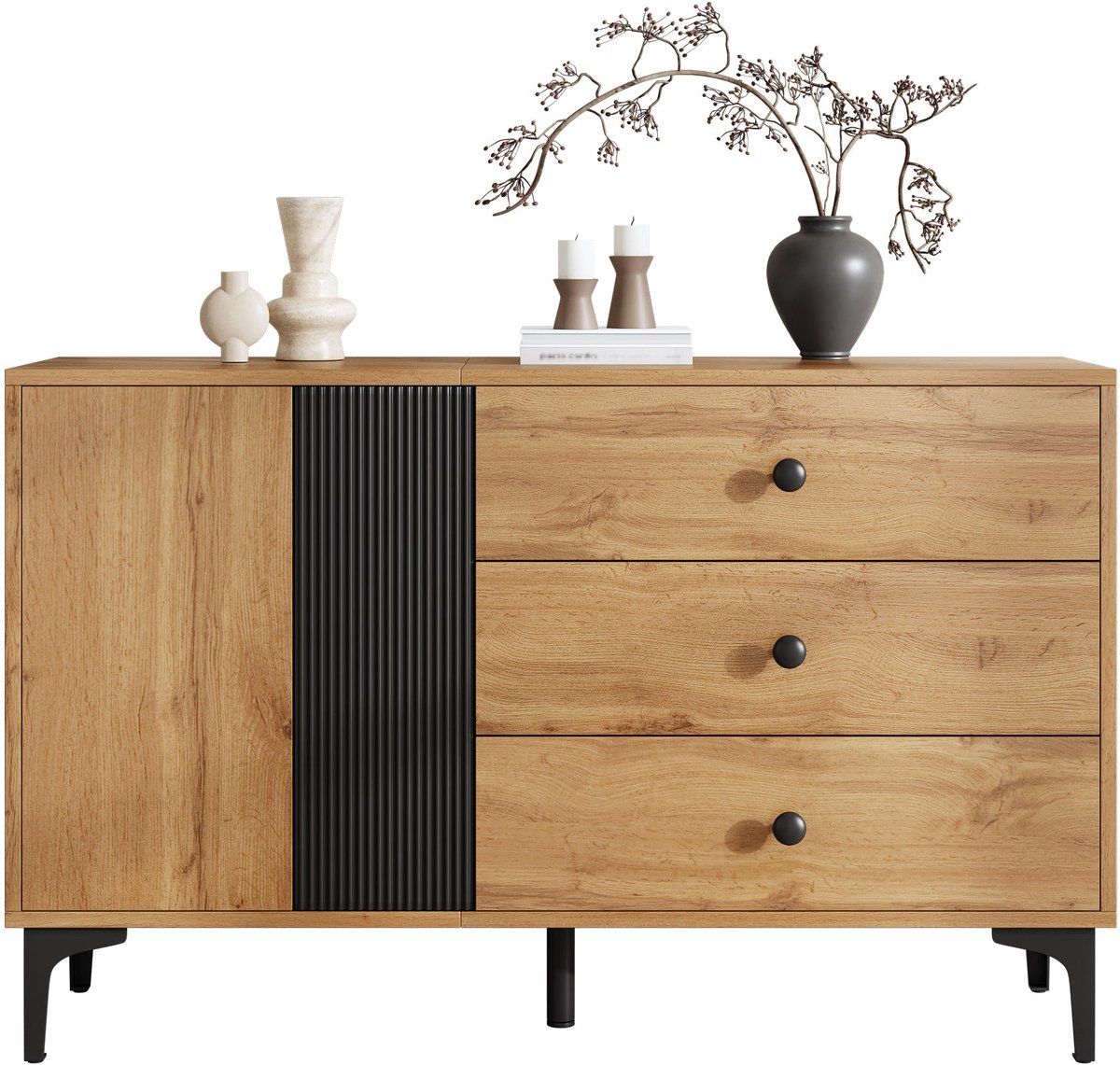 Merax Dressoir Met 3 Laden En Kastdeur – Smalle Opbergkast Met Zwart Ribpaneel En Metalen Poten – Houtlook/Zwart – 120 X 35 X 76 Cm