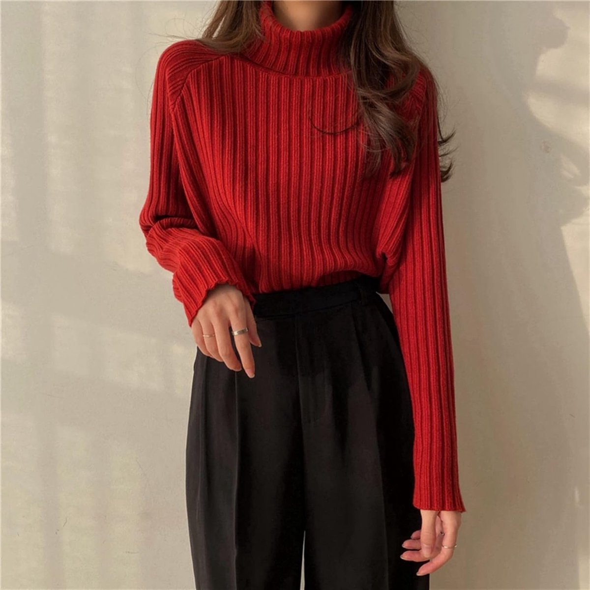 Coltrui - Herfst En Winter Gebreide Damestrui, Mode Rode Lange Mouwen Om Warm Te Blijven, Dikke Halflange Coltrui Gestreept Stretch Basislaag Shirt Kerstcadeau,Rood,One Size