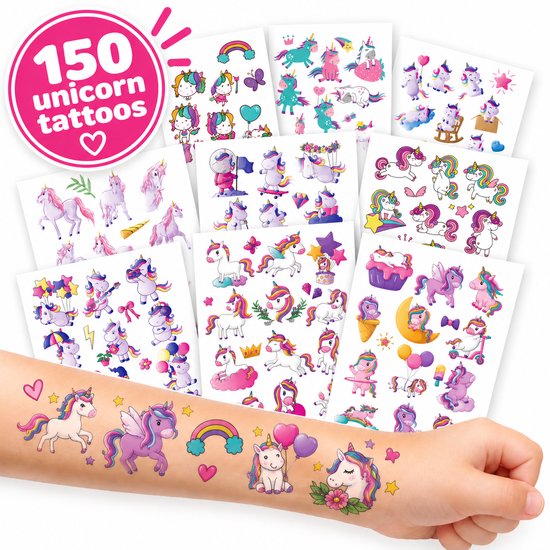 Unicorn Plaktattoos - 150 Tijdelijke Tattoos voor Kinderen - Neptattoos Meisjes