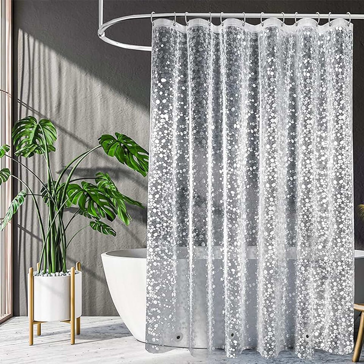 Schimmel douchegordijn, 180 x 200 cm, met 3 magneten aan de onderkant, waterdicht PEVA-gordijn voor douche en bad, met 12 ringen (kiezelstenen)