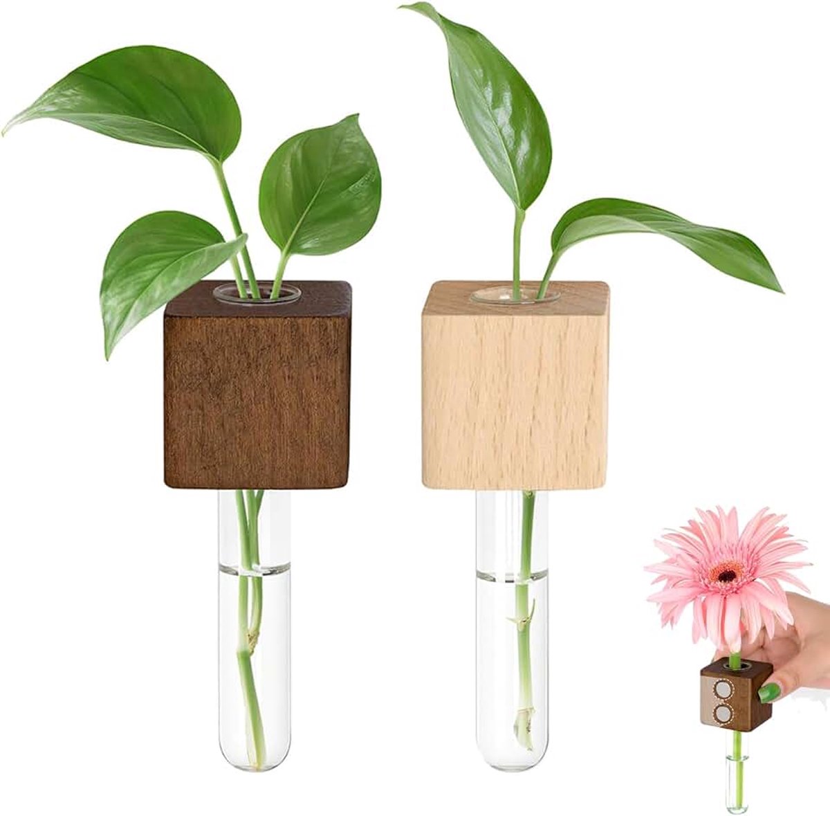 Set van 2 magnetische reageerbuisvaasjes voor de koelkast, magnetische plantenhouders van hout met glazen buisjes, kweekstation voor hydrocultuur (plant niet inbegrepen)