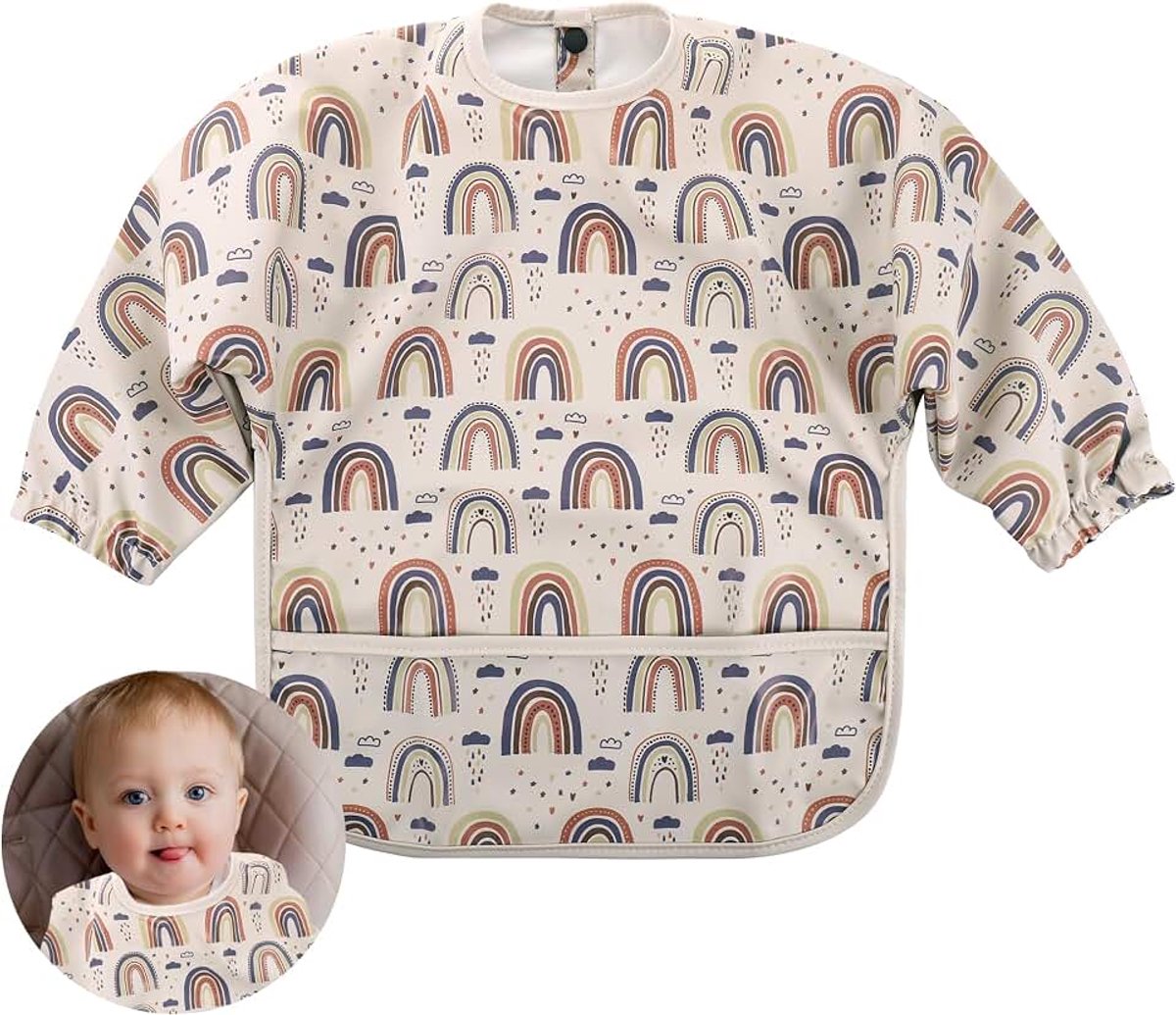 Slabbetje met drukknopen en grote zakken, gemakkelijk te reinigen, perfect voor babyvoeding en dranken, voor baby's en peuters (A), A-regenboog, L
