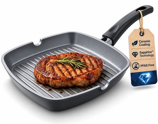 Swiss Haus® BGP24B Grillpan Inductie - Ø 24 cm - PFAS Vrij - Grill Pan Met Sapphire™ Antiaanbaklaag - Vleespan Geschikt Voor Alle Warmtebronnen - Zwart
