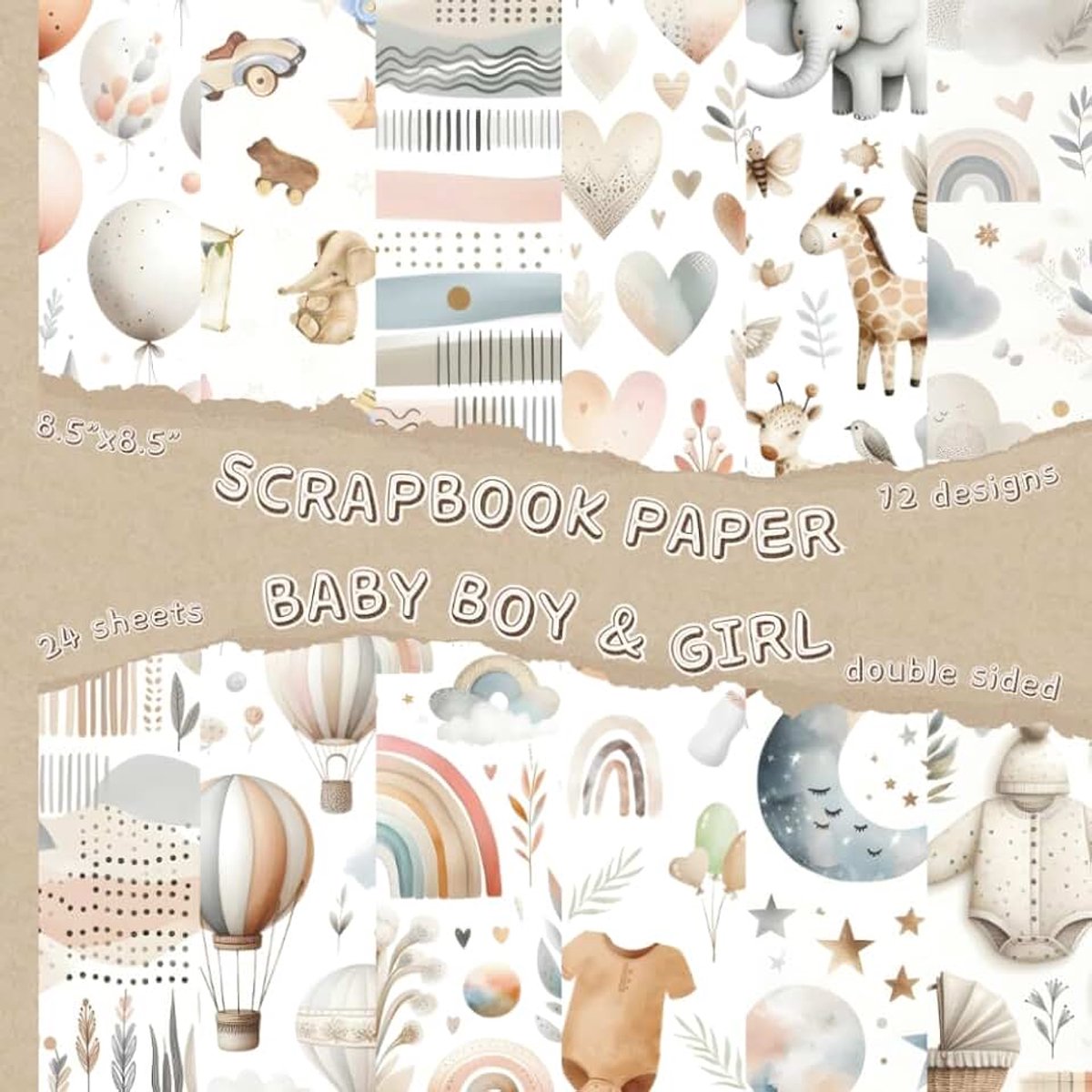 Baby Gender Neutral in Soft Watercolors: Double sided baby gender neutral themed scrapbook paper with 12 designs and 24 sheets. Size 8.5” x 8,5”.