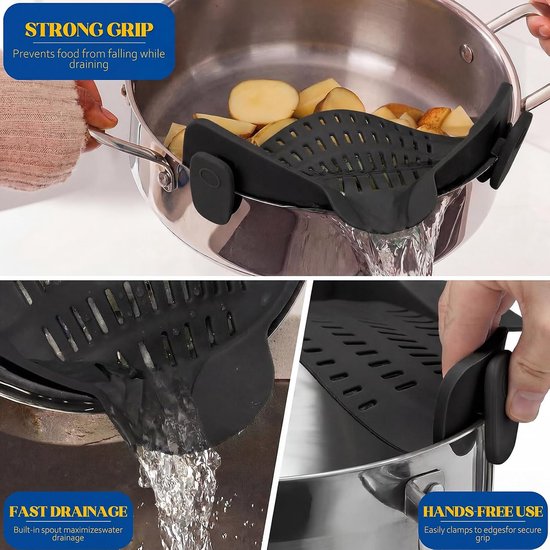 Pastazeef van siliconen met clip, universele zeef voor potten, pannen en kommen, filter voor pasta, groenten en rijst, hittebestendig, BPA-vrij, ruimtebesparend, zwart — afbeelding 3