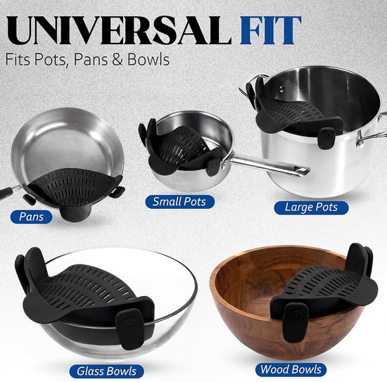 Pastazeef van siliconen met clip, universele zeef voor potten, pannen en kommen, filter voor pasta, groenten en rijst, hittebestendig, BPA-vrij, ruimtebesparend, zwart — afbeelding 4