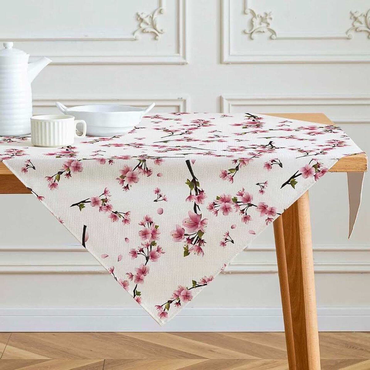 Tafelkleed met lentebloemen in aquarel, roze, modern, geruit, linnenlook, decoratie, tafelkleden, eetkamer, keuken, 100 x 100 cm
