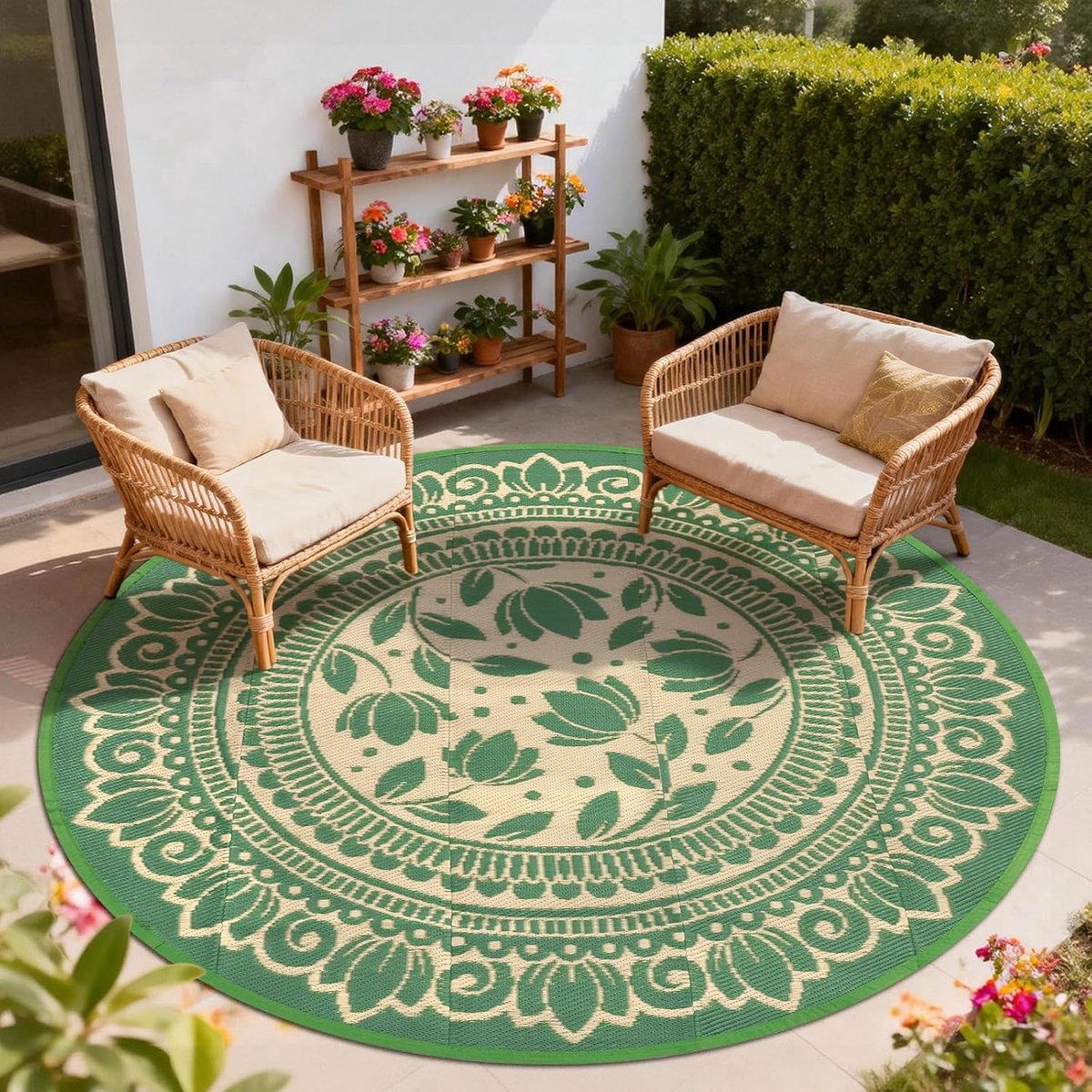 Tapijt, rond, zwart, 180 cm, boho, weerbestendig, omkeerbaar buitentapijt, kunststof terrastapijt, uv-bestendig, balkontapijt, voor camper, camping, terras, strand, tuin, picknick