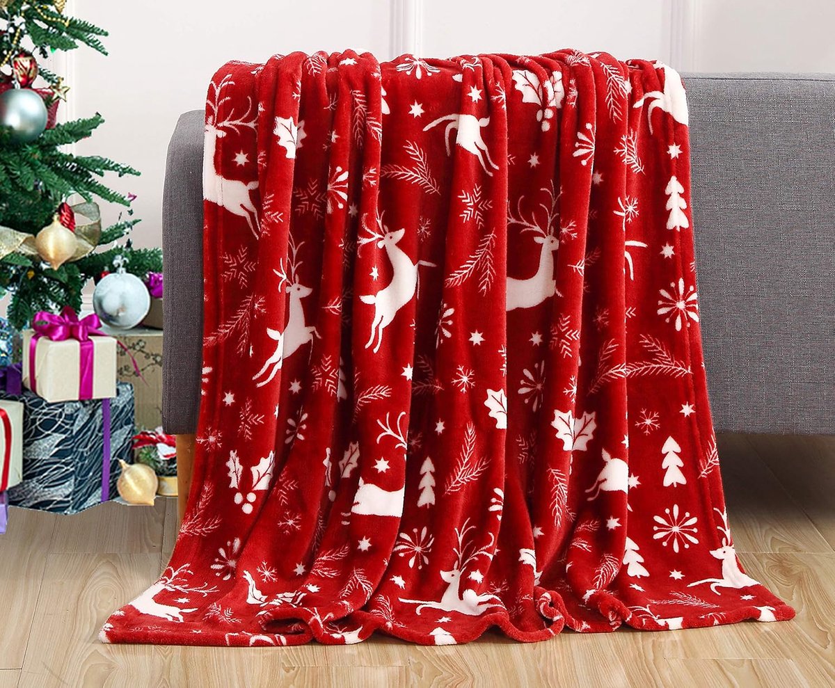 Deken - Sofaplaid met kerst rendiermotief - Warme Fleece Plaid voor Bank en Bed - Festieve Woondecoratie - Ideaal Cadeau voor Winter - Formaat 130x150 cm - Rode Kleur