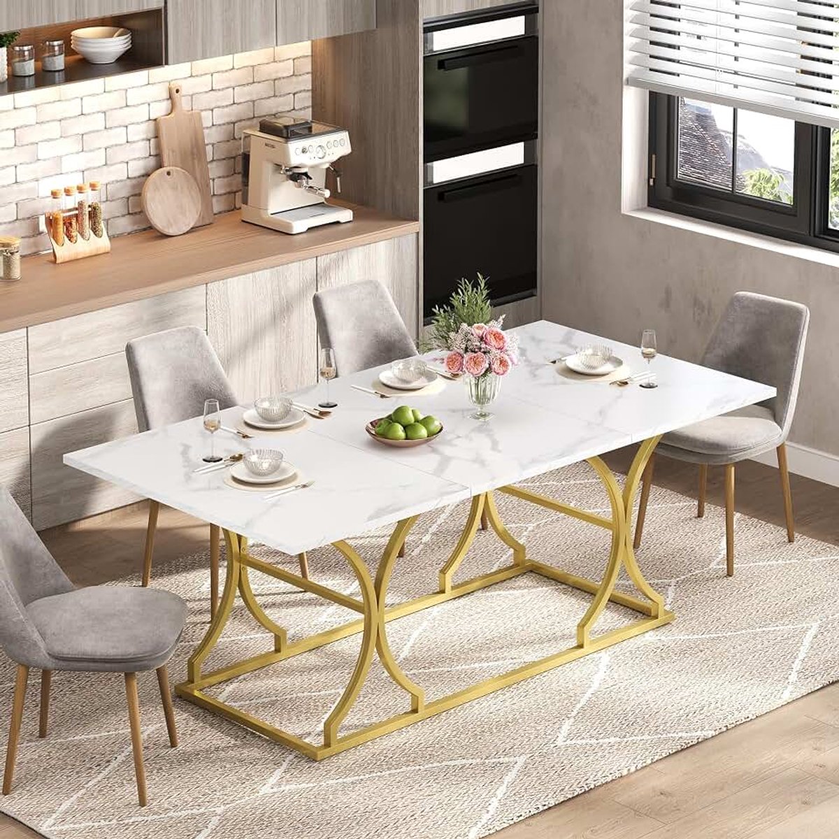 Eettafel, 200 x 80 cm, modern marmerlook, 2,5 cm dik tafelblad, goudkleurige metalen poten, waterdicht en krasbestendig, voor woonkamer en eetkamer