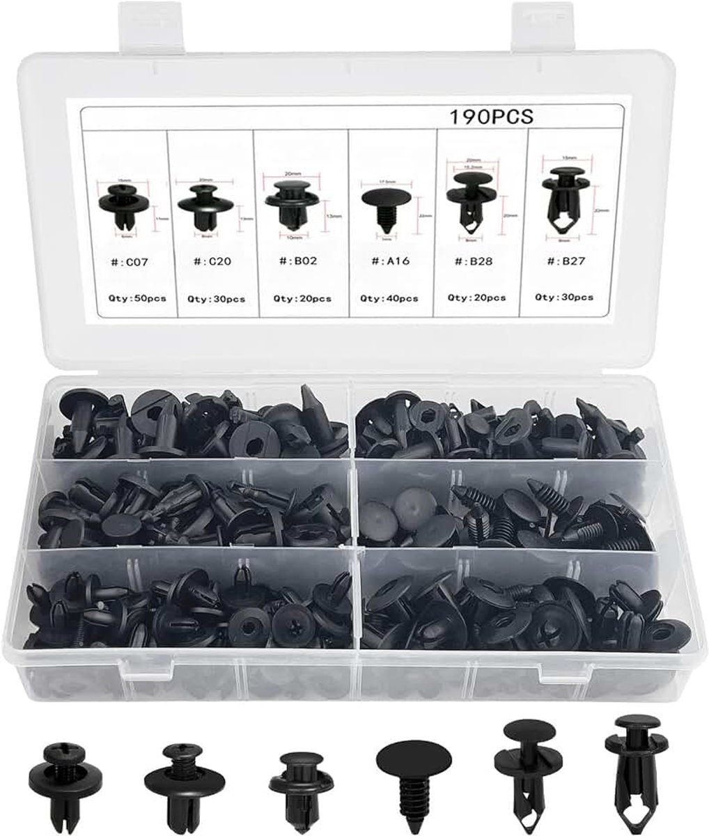190 stuks bevestigingsclips voor de auto, 6 soorten autoclips, universele spreidklinknagels, deurbekledingsklemmen, kunststof klinknagels, carrosserieclips, bevestiging, bekledingsclips