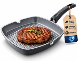 Swiss Haus® BGP28B Grillpan Inductie - Ø 28 cm - PFAS Vrij - Grill Pan Met Sapphire™ Antiaanbaklaag - Vleespan Geschikt Voor Alle Warmtebronnen - Zwart