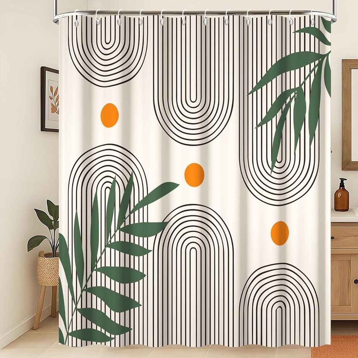 Sun Line Douchegordijn Rustiek Boheems Schimmelwerend Badkamergordijn Westers Retro Abstract Zon Bladeren Douchegordijn Machinewasbaar Waterdicht Stof 200x180cm