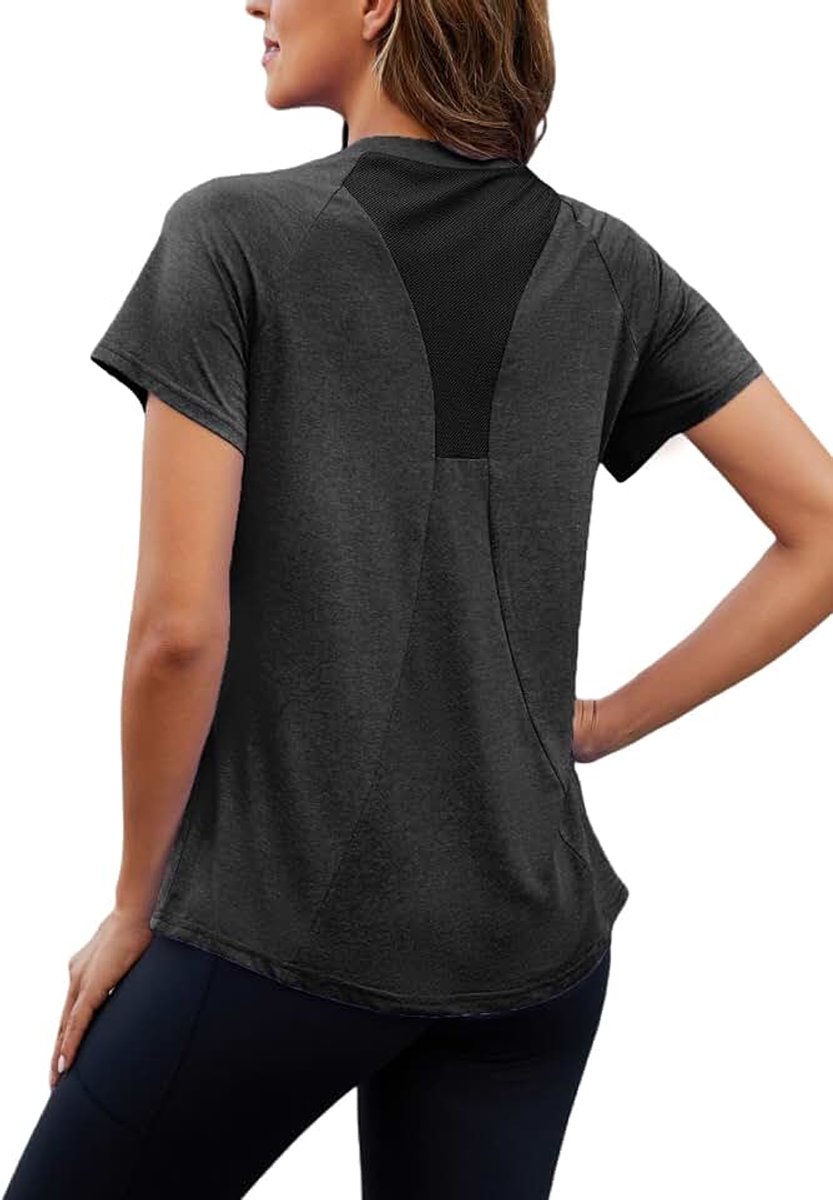 Sportshirt voor dames, korte mouwen, ronde hals, rug mesh, sportbovenstuk, elastisch, licht, ademend, functioneel shirt, geschikt voor fitness, sport, hardlopen, yoga