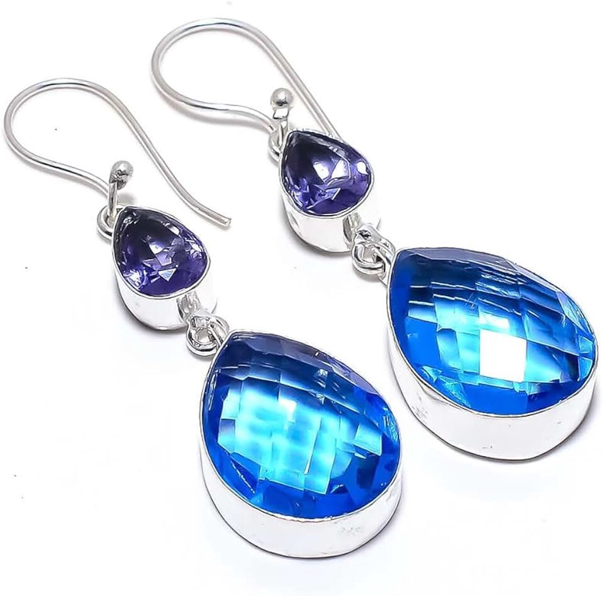 Blue Topaz, Amethyst Quartz Multi-Stone Handmade EARRING 2" For Girls Woman's Sterling Silver Plated Jewelry From Kashish
