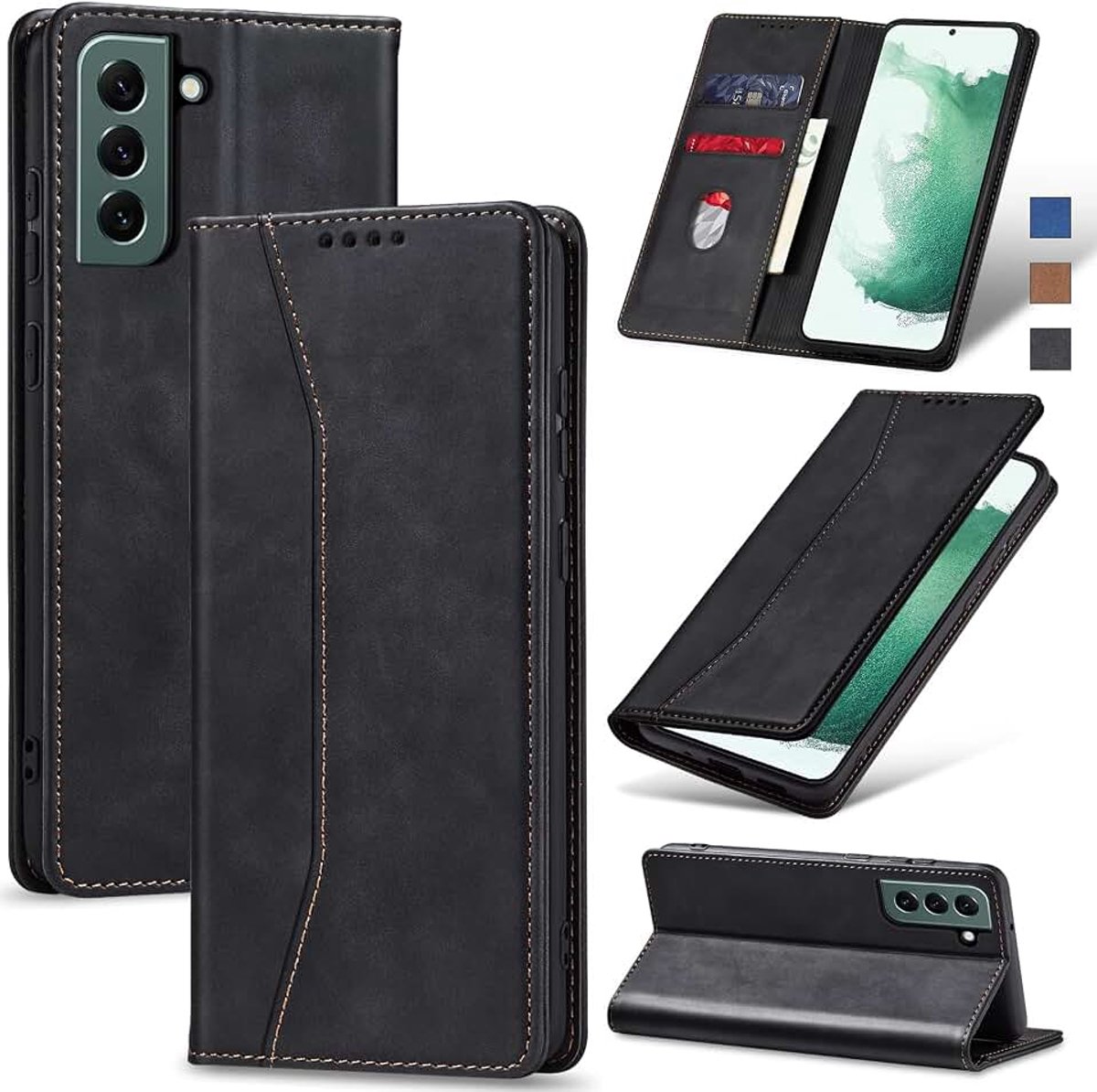 Hoesje voor Samsung S22 Hoes Book case, Premium Lederen Flip Wallet Telefoon Case [Kickstand]Hoogwaardige cover mobiele telefoon case geval beschermhoes (Zwart)