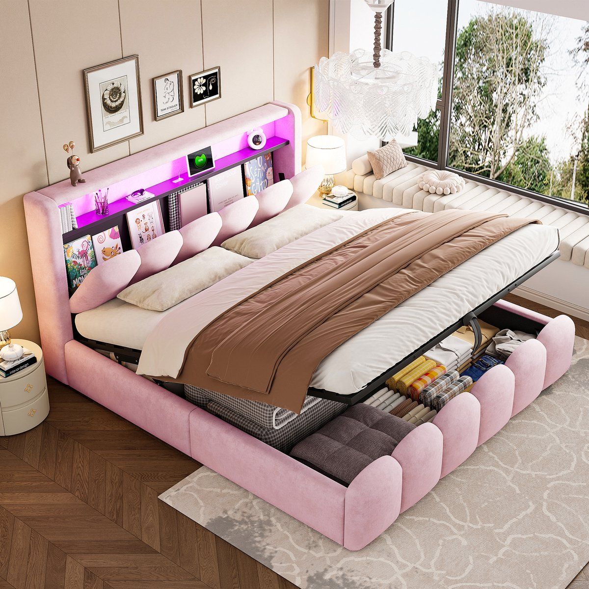 Zubaliya Kinderbed, Gestoffeerd bed 180*200, uitgerust met hydraulische opbergfunctie en opbergruimte in het hoofdeinde, tweepersoonsbed, fluwelen stof, met USB- en Type-C-aansluitingen, met LED, zachte fluwelen stof en bloembladdesign, roze