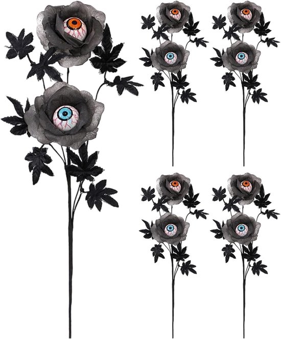 5 stuks - Halloween bloemstukken - Gotische rozen - Kunstrozen in de vorm van oogbollen - Donkere rozen - Spookachtige rozen - Kunstrozen - Zwarte rozen - Halloween bloemstukken - Halloween decoraties - voor Halloweenfeesten/binnendecoraties