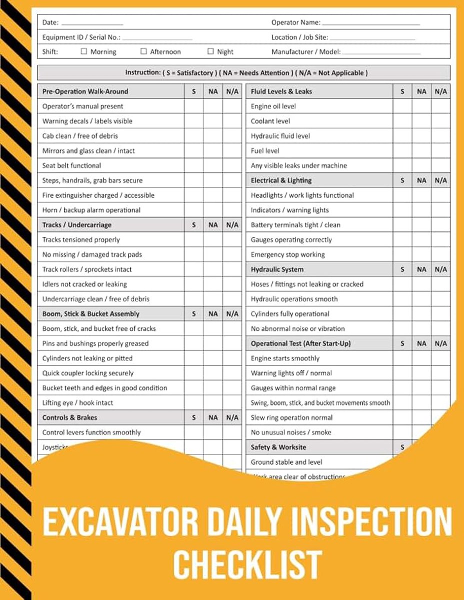 Daily Inspection Checklist: Pre-Operation Safety & Maintenance Log for Construction, Mining, and Heavy Equipment Operators.