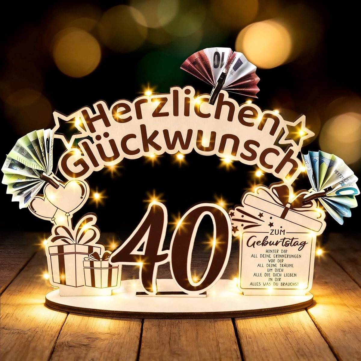 40ste verjaardag vrouwen mannen - houten geldgeschenken verjaardag 40 met lichtkettingen wenskaart, 40e verjaardag grappige cadeaus voor de 40e verjaardag vrouwen mannen, decoratie 40e