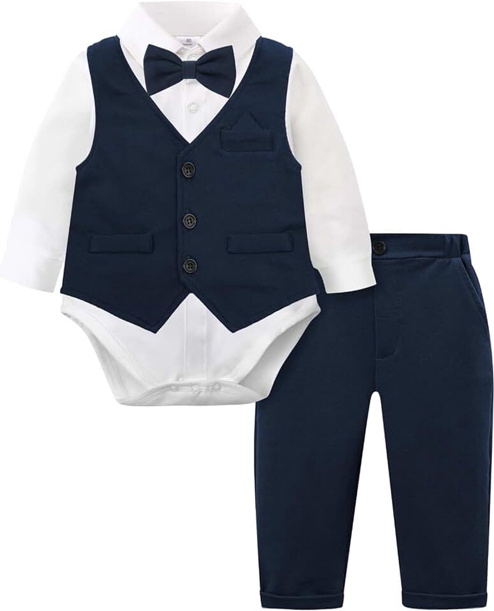Babyjongen Formeel Bodysuit, 3 Stukken Heer Kleding Doop Smoking Shirt & Vest + Broek