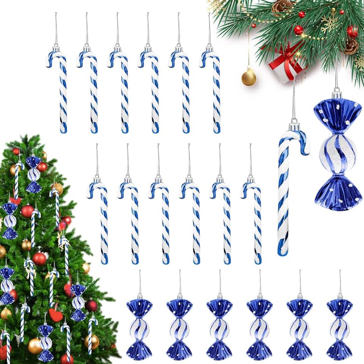 18 stuks zuurstokken, kerstdecoratie, kerstzuurstok, ornamenten, kerstboom hangende hangers, suikerstokken, kerstboomdecoratie, blauw