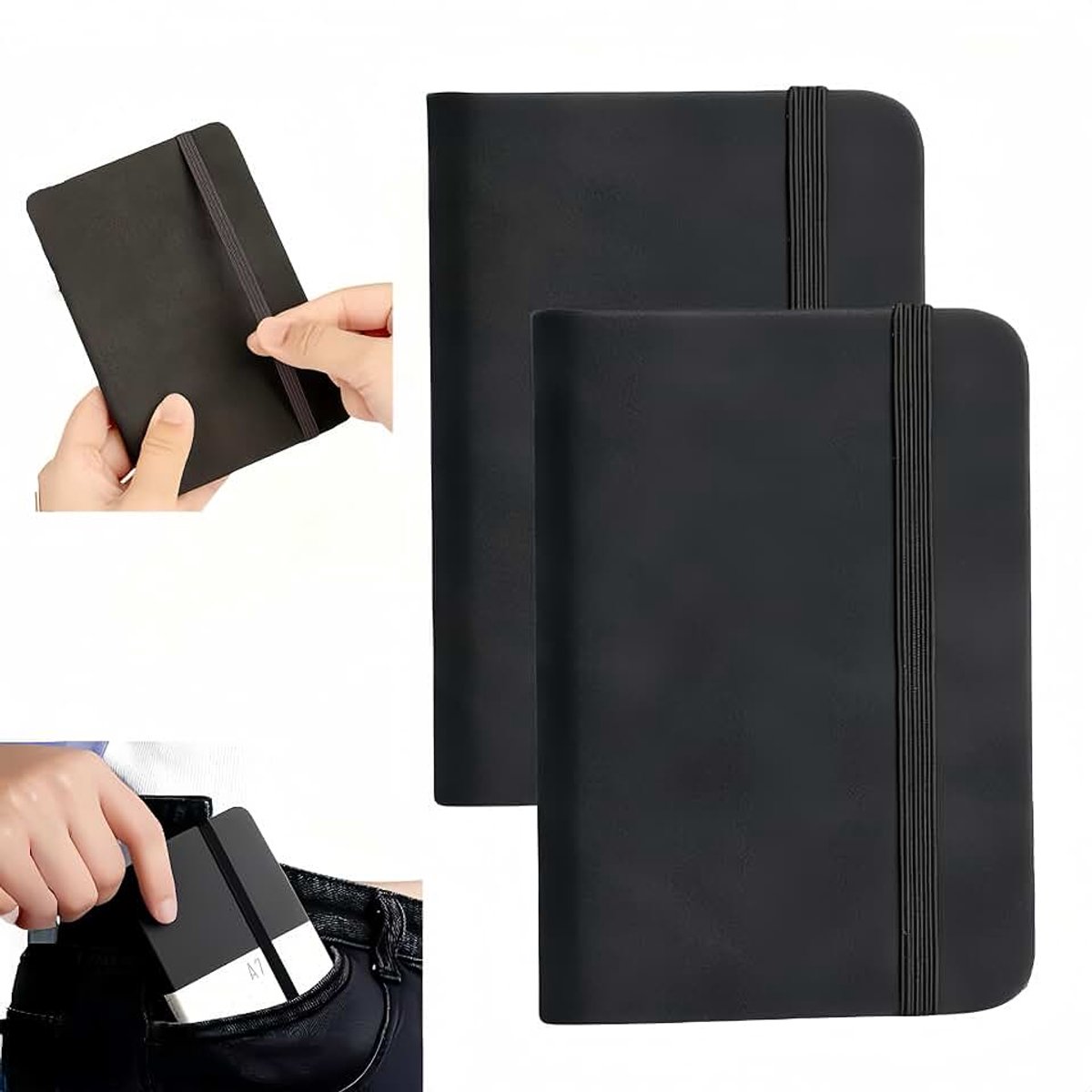 Notitieboek, 2 stuks, A7, notitieboeken met 100 gelinieerde pagina's van hoogwaardig papier, afmetingen: 80 mm x 110 mm, elegant en praktisch voor schrijven, kranten en tekeningen (zwart)
