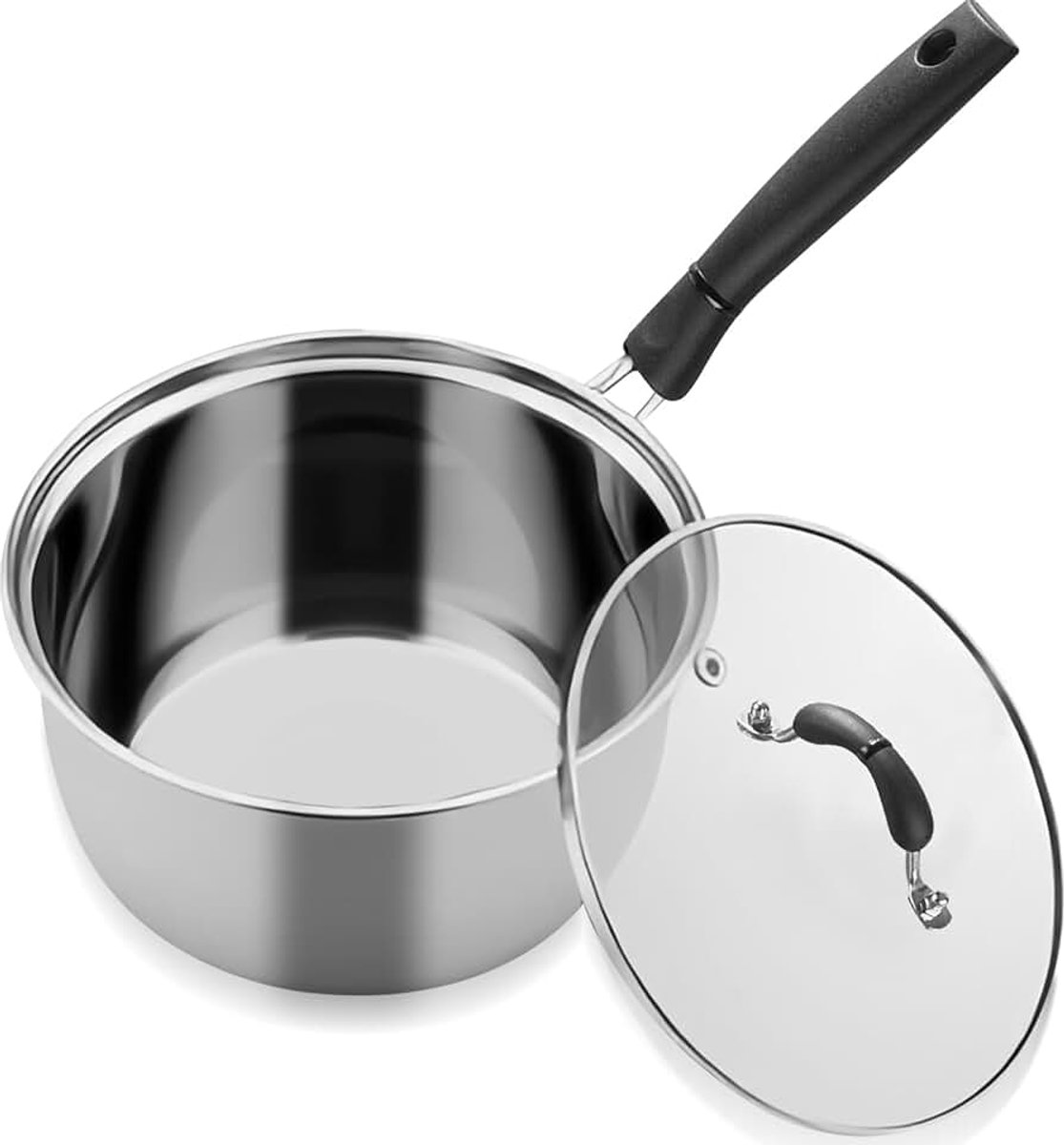 16 cm voor alle soorten kookplaten: 3-laags roestvrijstalen melkpan met glazen deksel, 1,9 L kleine kookpan, inductie, gezond en vaatwasmachinebestendig