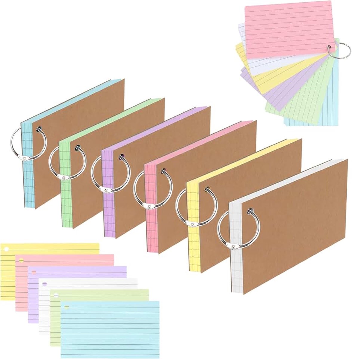 300 indexkaarten met versterkte kraftpapier-omslag - 9 x 11 cm studiekeukaarten, kleurrijke flashcards om te leren, kantoor en thuis (6 verschillende kleuren + 6 metalen sleutelringen)