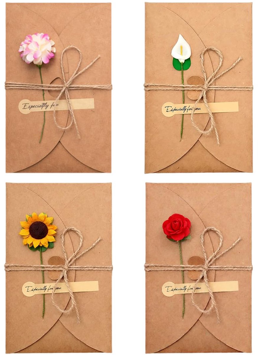 4 Stuks Wenskaart, Gedroogde Bloemen Decoratief, Gedroogde Bloemen Wenskaart, Kraft Papieren Kaarten met Gedroogde Bloemen, Cadeau voor Bijzondere Gelegenheden, Ideaal voor Wensen en Kleine Cadeaus