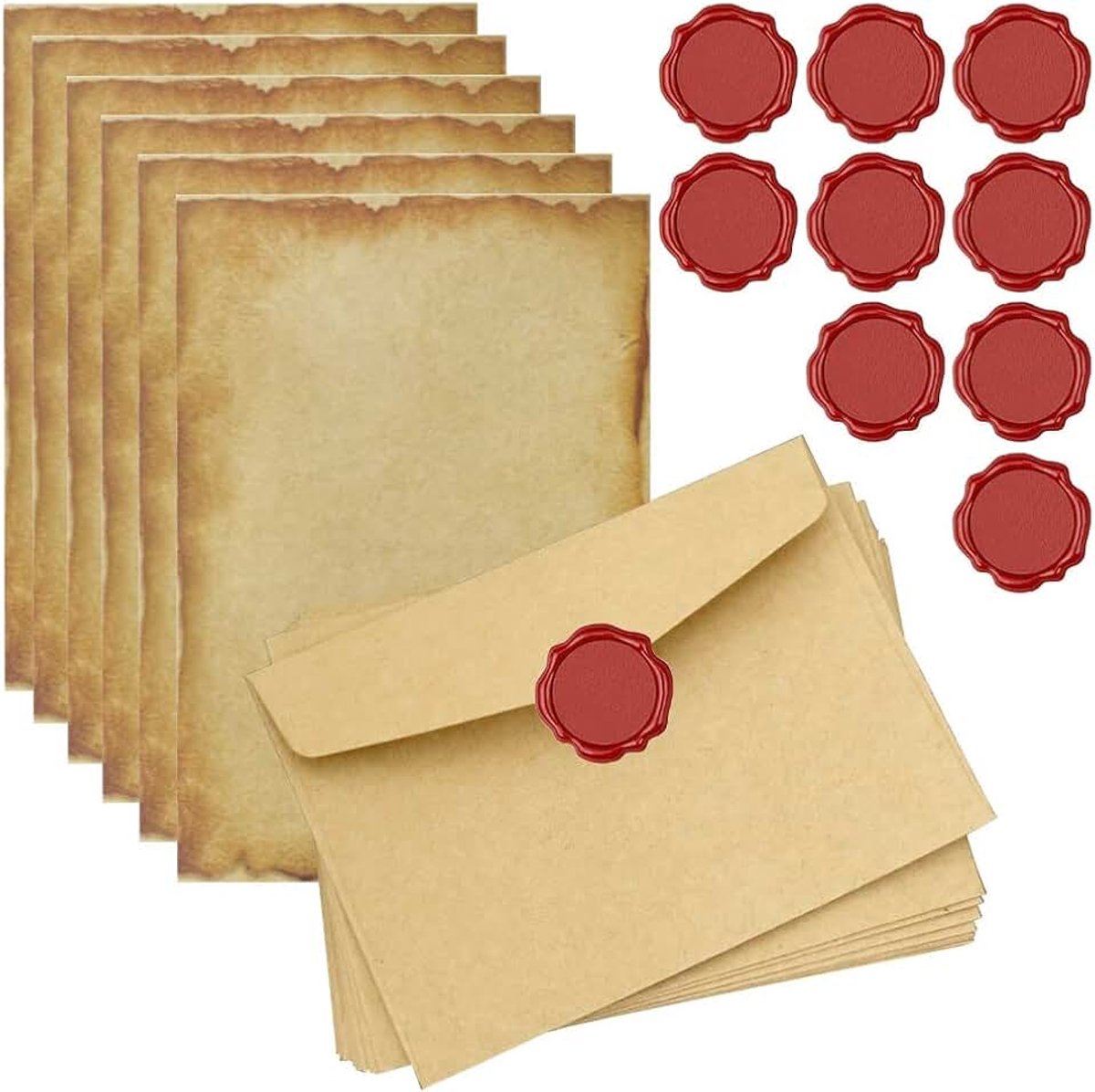 Briefpapierset, envelop, vintage, papier, vintage, schrijfwaren, inclusief 20 vintage briefpapier, 10 vintage enveloppen en 10 stickers voor waszegels