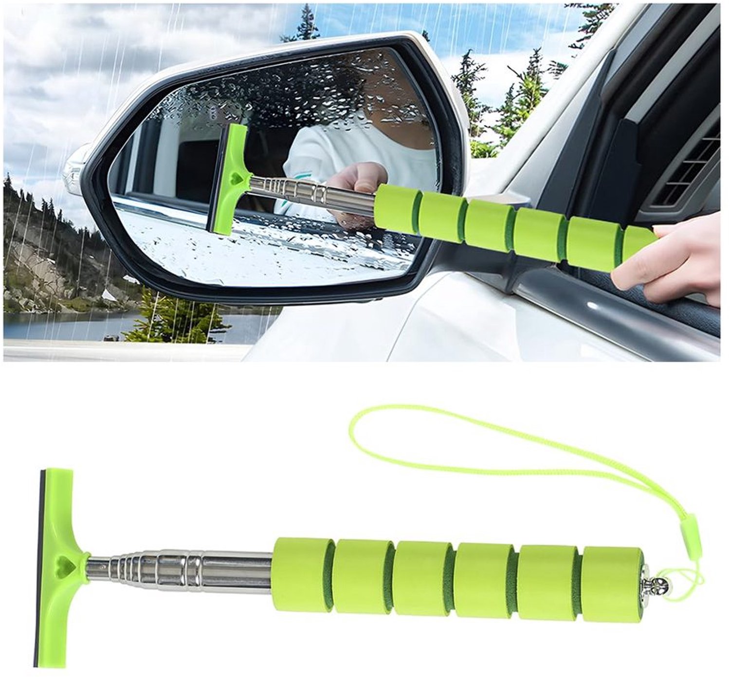 Spiegelwisser Intrekbaar - Draagbare Achteruitkijkspiegelwisser - Verstelbare Wisser - Rubber + Roestvrij Staal - 180 Graden Wiphoek - 100 cm Stretchlengte - Autospiegel