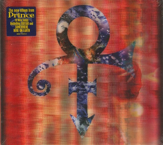 CD-hoes van Prince Planet Earth met blauw symbool tegen een abstracte, rood gestreepte achtergrond.