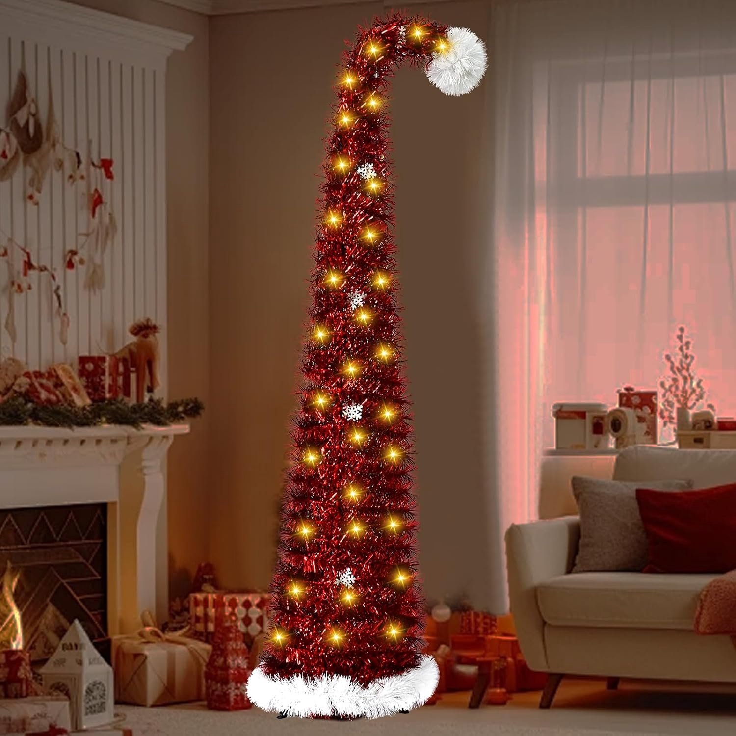 MSBHandel Opvouwbare Kunstkerstboom 150 cm met Verlichting - Pop-up Smalle Kerstboom met 50 LED's en Sterpunt PVC Lametta Potloodkerstboom Kerstdecoratie voor Thuis en Kantoor Rood – foto 2