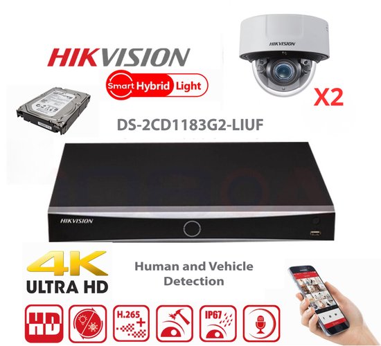 Hikvision IP-Kit 2x 8MP IR Camera / Essential Series - 2x DS-2CD1183G2-LIUF Standaard 30m DUAL Ligth -IR Audio Dome Camera - 4-kanaals DS-7604NXI-K1/4P NVR recorder - 2 TB harde schijf geïnstalleerd — afbeelding 2