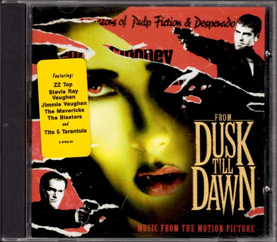Soundtrack-cd van From Dusk Till Dawn met filmposter, vampierogen, gewapende mannen en een gele tracklist-sticker.