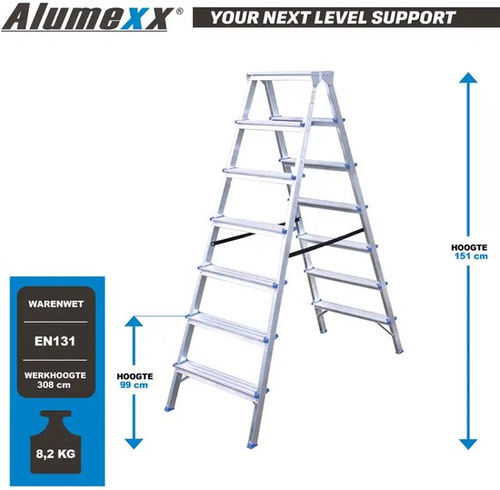 Alumexx trap met 7 treden, hoogte 151 cm, werkhoogte 308 cm, gewicht 8,2 kg en EN131-normering.