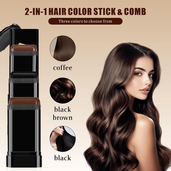 2-in-1 haarverfstick en kam in koffie, zwart-bruin en zwart, met een model met lang golvend haar.