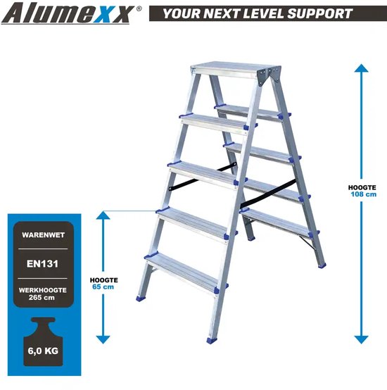 Alumexx dubbele trap met 5 treden, 108 cm hoog en 6 kg, met EN131 keurmerk en 265 cm werkhoogte.