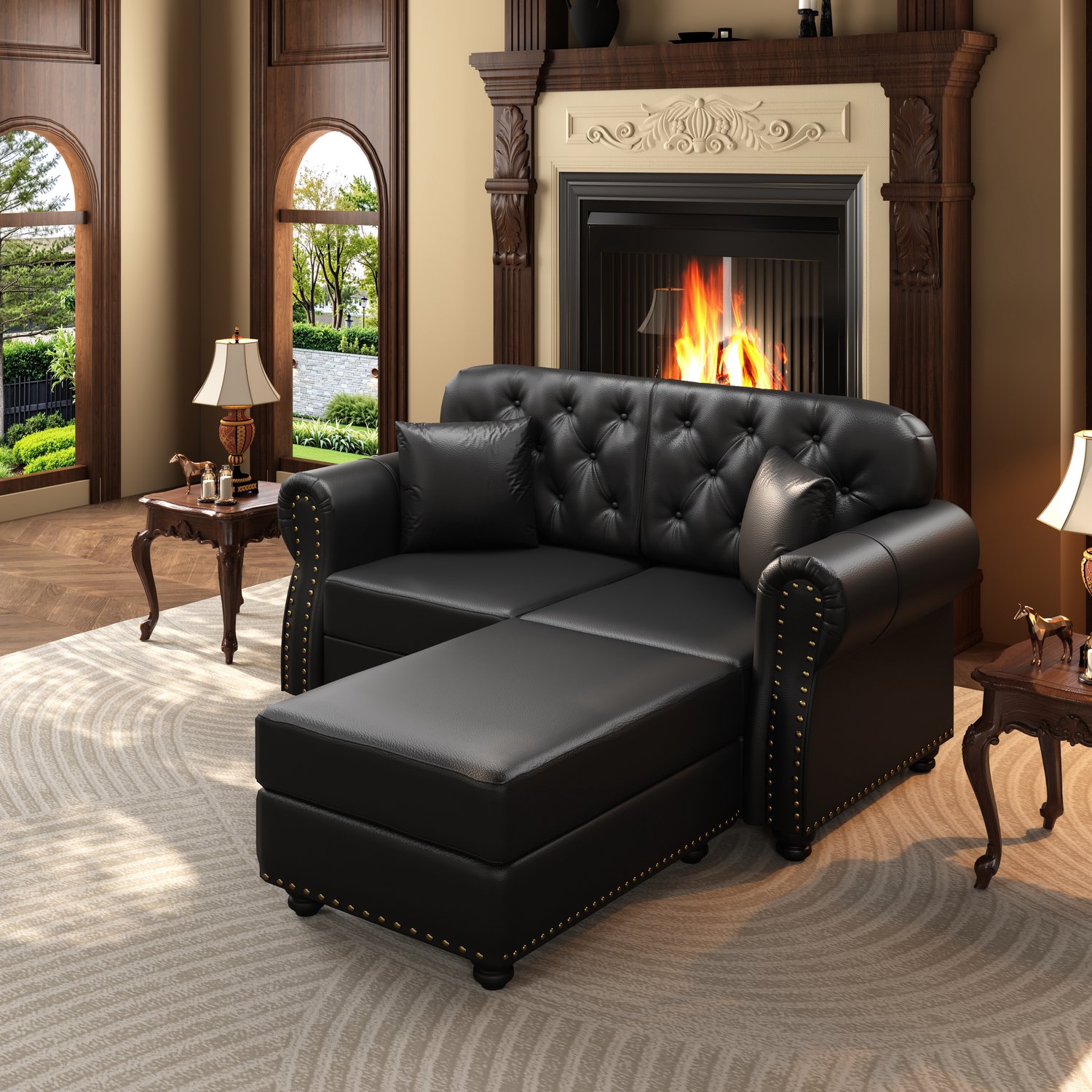 REDOM Chesterfield bank 160 cm - 2-zits met losse hocker en knoopstiksel - Zwart