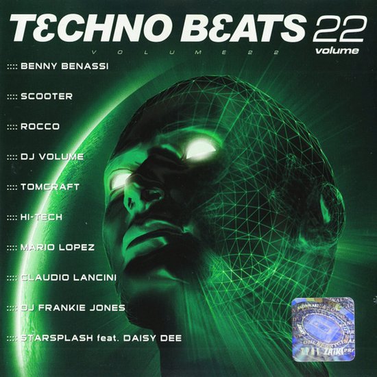 Techno Beats Volume 22 CD-hoes met een groen verlicht digitaal hoofd tegen een planeetachtergrond.