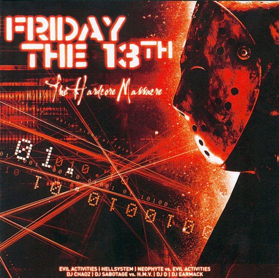 CD-hoes met ijshockeymasker tegen rode achtergrond met digitale binaire code en titel Friday The 13th: The Hardcore Massacre.