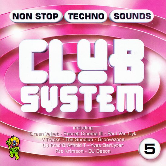 Roze CD-hoes voor Club System 5 met spiraalmotief, witte typografie en een klein groen cartoonfiguurtje linksonder.